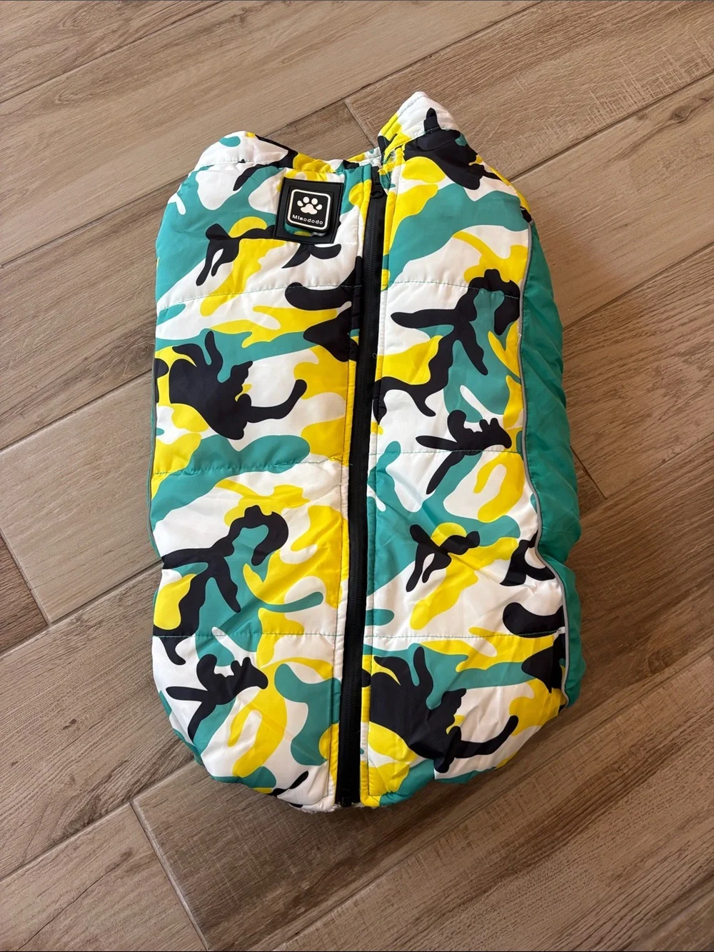 Miaododo Puffer Dog Coat with Teal, Yellow & Black Camouflage- size 28
